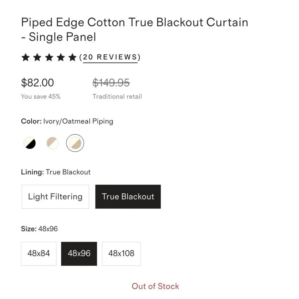 QUINCE Piped Edge Blackout Curtain 48x96 Ivory/Oatmeal